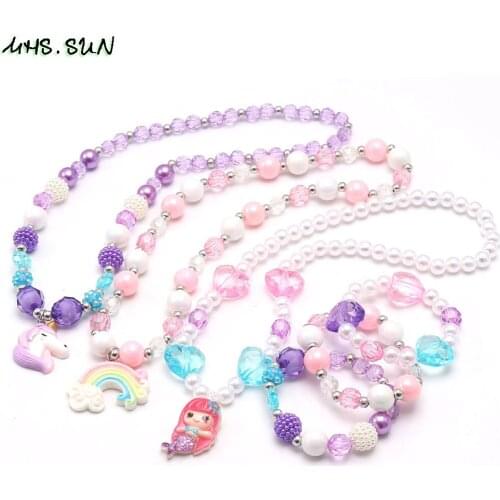 MHS.SUN 3Set Cute Rainbow/Unicorn/Mermaid Pendant Necklace Bracelet Girls/Child Elastic Beads Jewelry Set Colorful Party Gifts