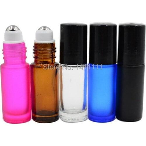 Thick 5ml PINK/ AMBER/ BLUT/ BLACK Empty Roll on Glass Bottle for Essential Oil Bottle METAL Roller Ball 500PCS/LOT By DHL FREE