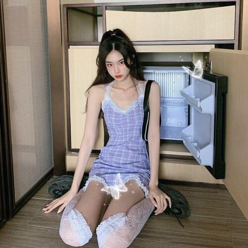 Japanese Lace Purple Plaid Lolita Dress Women Cute Sweet Summer Sexy Party Cotton Mini Dress Soft Girl Vintage Bodycon Dresses