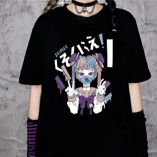 Manga Goth Female Anime Tshirt Tee Aesthetic Women T-shirt Punk Grunge Streetwear Ladies Gothic Top T Shirt Harajuku Clothes Y2k