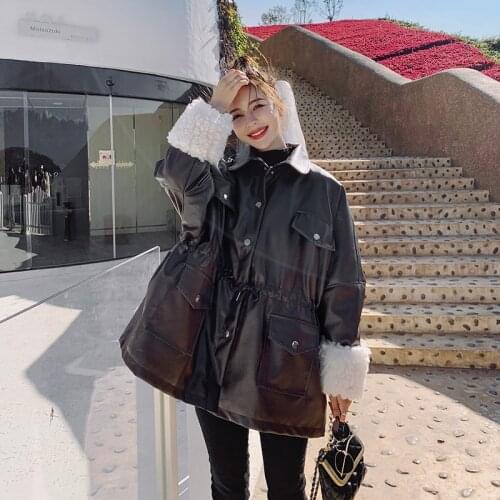 Womens Leather Jacket Winter Mid-length Plus Velvet Thick Lamb Fur All-in-one Motorcycle Suit Loose Fashion NEW Bomber Coat SL1