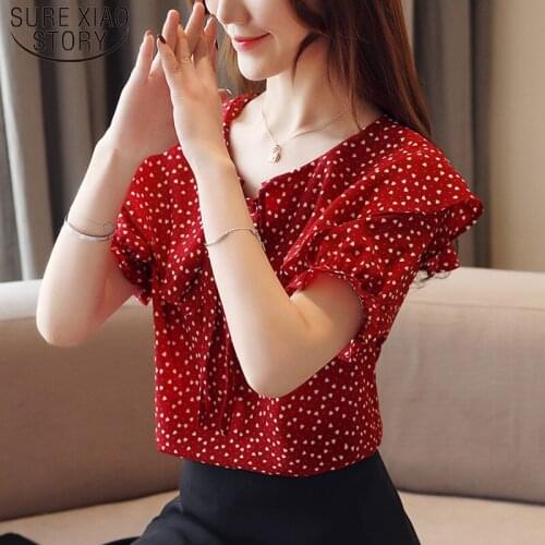 2021 Summer Round Tie Short Sleeve Print Office Lady Women Blouse Chiffon Blouse O-neck Puff Sleeve Ladies Tops 5239 50