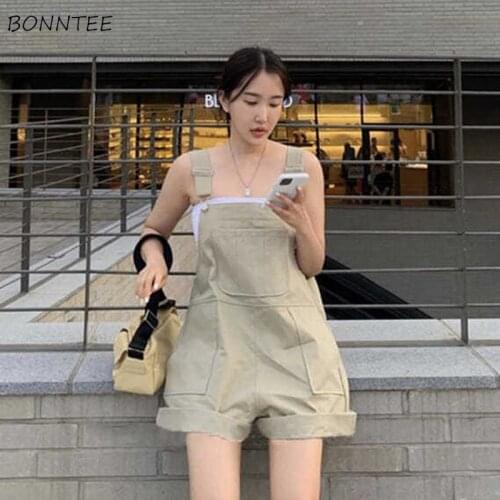 Rompers Women Preppy Style Harajuku Pocket Students Loose Solid Casual Office All-match Summer Korean Version BF Female Playsuit