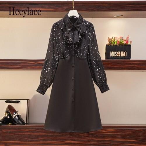 Plus Size Women Elegant Bow Collar Long Sleeve Patchwork High Waist A-line Vestidos 4XL French Vintage Sequined Polo Collar Robe