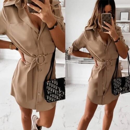 Summer Shirt Dresses 2021 Office Lady Fashion Casual Half Sleeve Turn Down Collar Belt Dress Khaki White Basic Casual Oversized