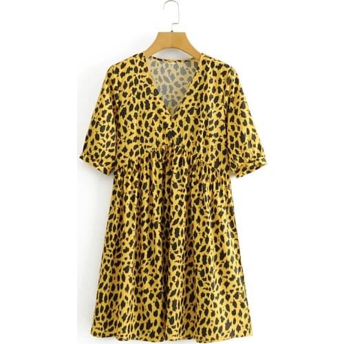 DOUJILI 2021 Summer Dress Vintage Leopard Print Printing V-Neck Fashion Short Sleeve Loose Dress For Women