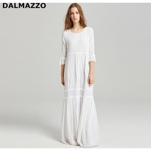 Black and White Fashion Women Cotton Dress Robe Femme 2021 New Spring Lady High Waist Embroidery Bohemian Maxi Long Vestidos XL