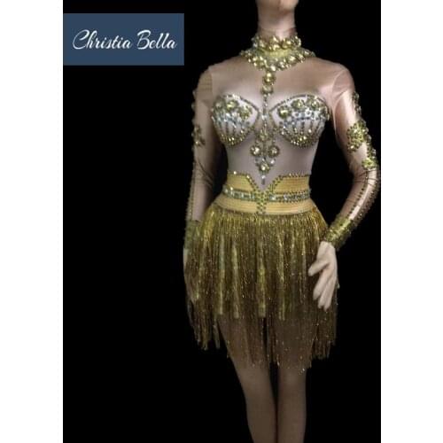 Christia Bella Sexy Stretch Gold Crystal Tassel Dance Dress Women Nightclub Party Showgirl Performance Costumes Stage Bodysuit