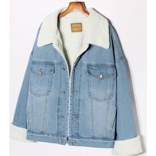 Winter Jackets Women Thick Warm Denim Jackets Coat BF Plus Velvet Jeans Coat Loose Style Outerwears Light Blue Woman Clothes