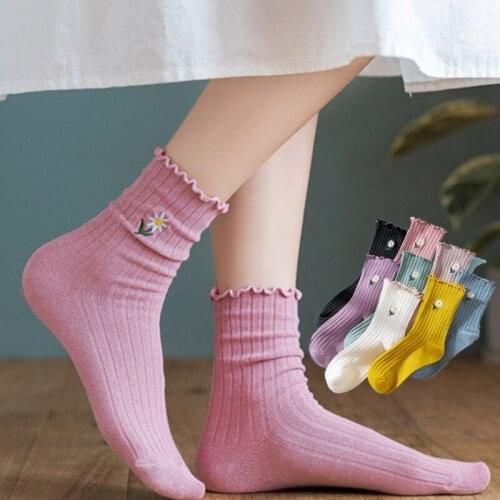 1Pairs Middle Tube Women Socks Spring Autumn Small Flower Print Crimping Design Casual Candy Color Cute Girls Ladies Cotton Sox