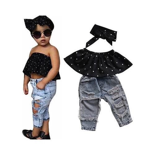 2020 Toddler Newborn Baby Girl Clothes Dot Sleeveless Top Vest Hole Jeans Pants Outfits Casual Fashion Summer clothing
