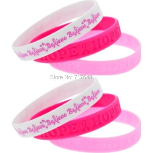300pcs Breast Cancer Pink Ribbon Awareness believe hope wristband silicone bracelets free shipping by FEDEX