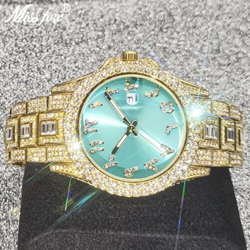 Ice out Watches for Couple MISSFOX Luxury Brand Diamond Watches New sky blue Watch Auto Date Relogio Masculino jewelry Clocks