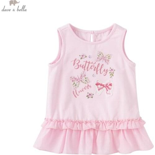 DB17432 dave bella summer baby girls cute cartoon letter draped sleeveless T-shirt children tops girl kids fashion tees
