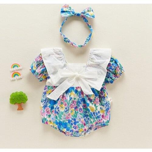 Baby Floral Rompers Korean Fashion Infant Girls Cute Bowtie Clothes With Headband Puff Sleeve Newborn Baby One-Pieces