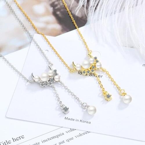 Moon Dainty Long Tassel Pendant Necklace Cubic Zirconia Pearl 925 Sterling Silver For Women Luxury Chain Jewerly