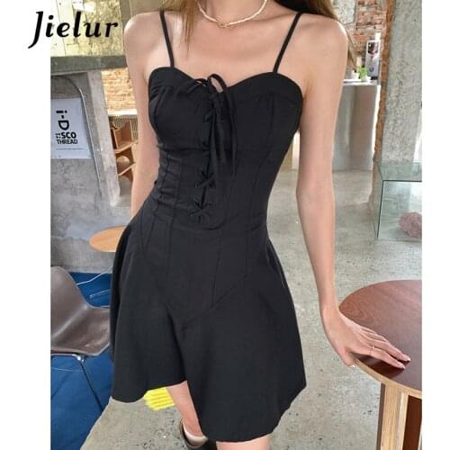 Jielur V-neck Suspender Dress Women 2021 New Summer High Waist Sexy Black Dress Female Belt A-line Camisole Dresses for Womens