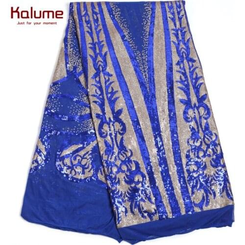Kalume Soft African Velvet Lace Fabric Sequins French Embroidery Fabric Royal Blue Nigerian Velvet Lace Fabric For Party F2223