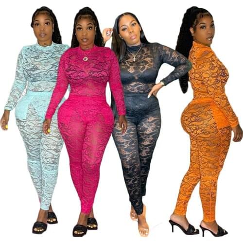 Sheer Mesh Print Matching Sets Women Long Sleeve Bodysuit And Pants Aesthetic Sexy Two Piece Outfits Bodycon Fashion