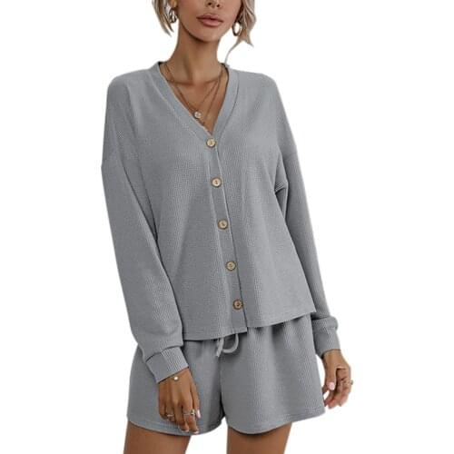 2PC Knitwear Sweater Coat Shorts Set Womens Solid Color V-neck Button Long Sleeve Cardigan+Lace-up Shorts Home Wear Pajama Set