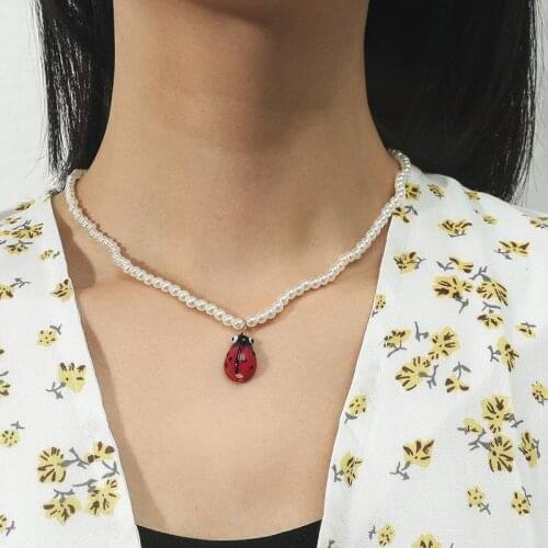 Red Resin Ladybug Beetle Insectl Animal Necklaces & Pendants Long Pearl Beaded Necklace For Women
