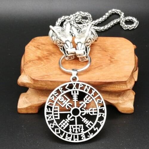 Vintage Wolf Head with Viking Compass Rune Pendant Nordic Viking Rune Talisman Necklace for Men