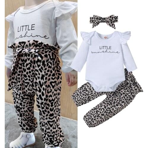 0-24M Autumn Toddler Infant Baby Girls Clothes Girls Sets 3pcs Long Sleeve Letter Romper Tops Leopard Printed Pants Headdress