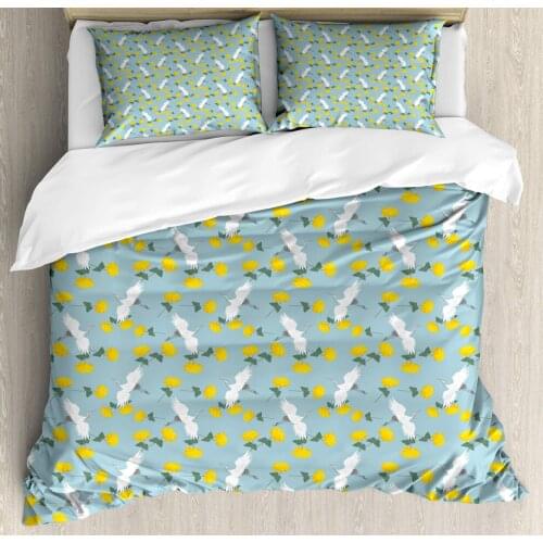 Yellow Bird Duvet Cover Set Flying Cranes and Flowers Pattern 3 Piece Bedding Set Pale Blue Grey Earth Yellow Laurel Green Dimgr