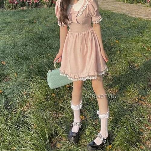 Kawaii Dress Women Summer Japanese Puff Sleeve Lace Pink Princess Lolita Dresses Vintage Bow Peter Pan Collar Sweet Dress Cute