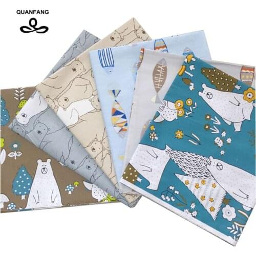 QUANFANG Printed Bears / Fishes Twill Cotton Fabric For DIY Quilting Sewing Of Baby/Children/Sheet Pillow Cushion Curtain Mater