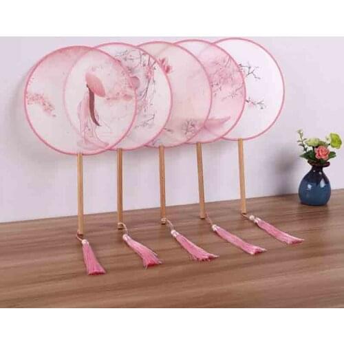 New Chinese Style Hand Fan Hanfu Women Round Wooden Handle Printed Fan Chinese Cheongsam Hanfu Hand Fan Chinese Gift For Women