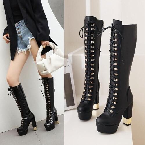 Autumn Winter High Boots Ladies Riding Boots Women Party Shoes Woman low square heels Shoes lace up knee high Boots