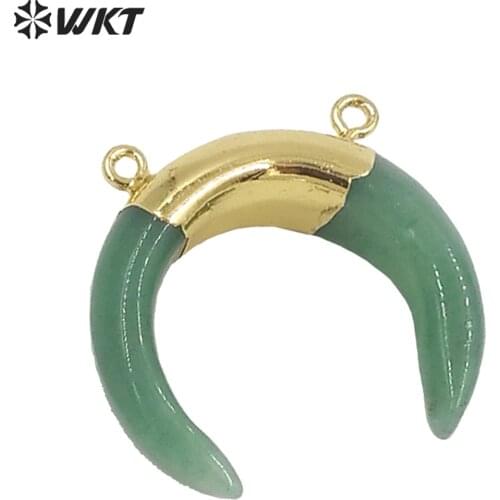WT- P765 Double Loops Horn Pendant Natural green chalcedony pink rose stone with double bail pendant gold stone pendant
