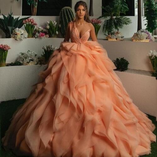 One Shoulder Heavy Ruffles Evening Dress Sequins Puffy Vintage Prom Gowns Women Formal Wear Second Reception Gowns