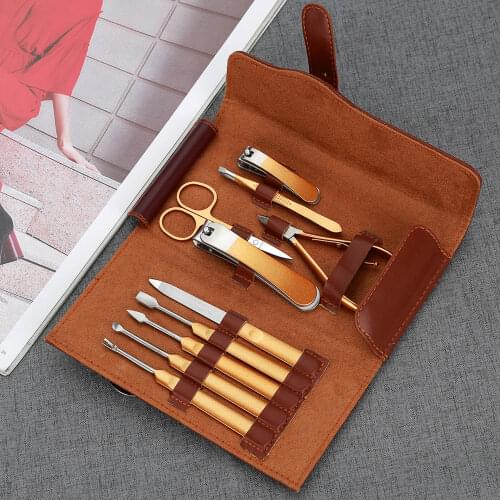 10PCS Professional Stainless Steel Nail Manicure Pedicure Grooming Tools Set with PU Leather Case for Travel Home Daily Use Gold