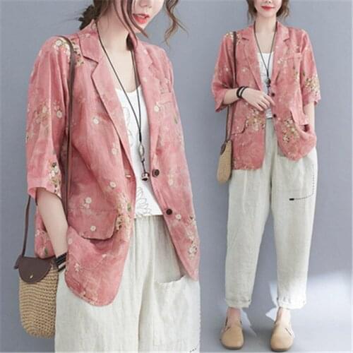 2021 Summer Fashion New Plus Size Women Clothing Loose And Comfortable Light Cotton And Linen Floral Suit Coat Trendy H040