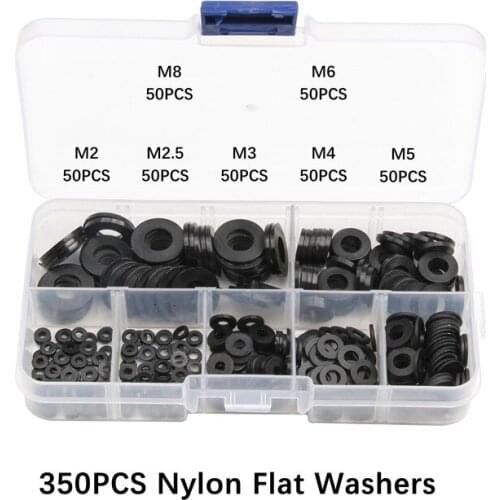 350PCS Nylon Flat Washers M2 M2.5 M3 M4 M5 M6 M8 Black Nylon Flat Spacer Seals Washer Gasket Ring Kit