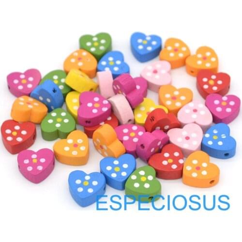 50 pcs DIY Jewelry Accessory Mix Color Nature Wood beads With Point Flower Printed 14MM Cartoon Heart Shape handcraft Department