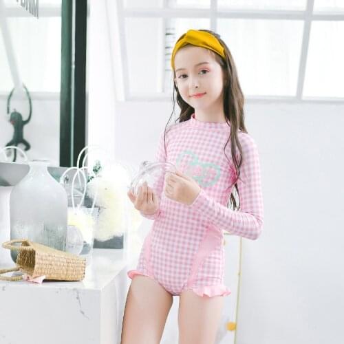 Girls One Piece Long Sleeve with Skirt Zipper Plaid Pink Bathing Suit Swimsuit Body Suit Swim Beach Wear Monokini