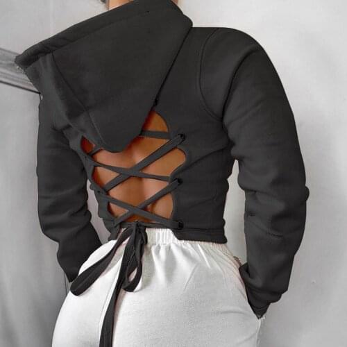 Cross Bandage Bandage Halter Black Hooded Sweatshirt Women Fall 2021 Long Sleeves Fashion Pink Hoodie Pullover Casual Top