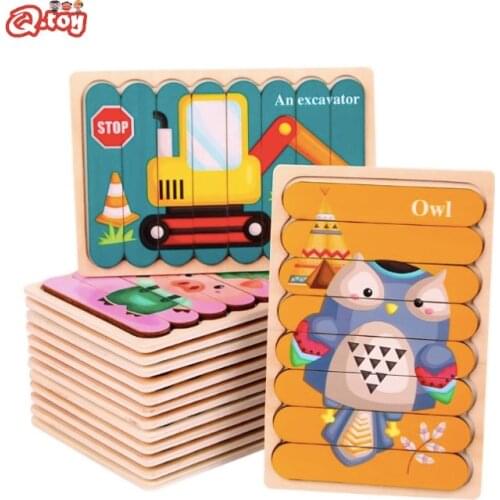 Baby Montessori Wooden bar puzzle sticker double side cartoon animals Bar Puzzle Preschool Educational Toy Baby Birthday Gifts