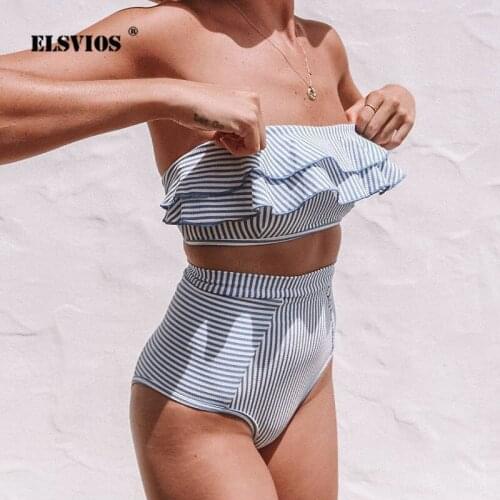 ELSVIOS Women Casual Striped Ruffle Wrap Bikini Set Sexy High Waist Bikini Swimsuit Female Bandeau Swimwear Biquini Bathing Suit