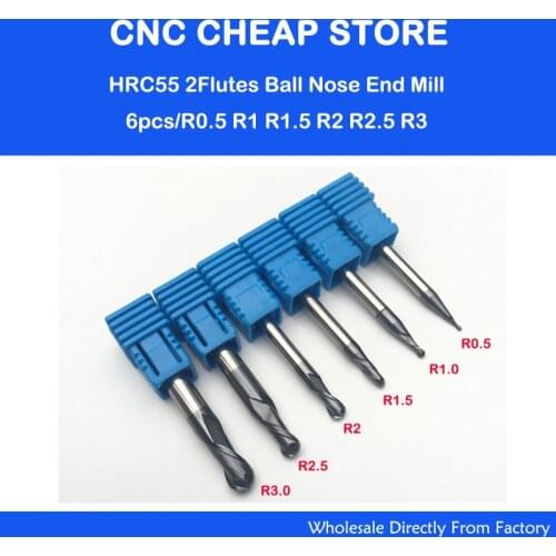 6PCS HRC55 Tungsten Steel Carbide double flute End Mill Bit Milling Cutter Tools Ball Nose CNC Router R 0.5,1,1.5,2,2.5,3mm