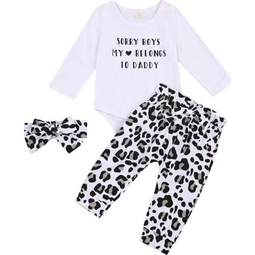 0-24M Newborn Baby Girls 3-piece Outfit Set Long Sleeve Letter Print Romper+Leopard Pants+Headband Set