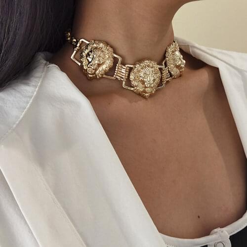 Punk Exaggeration Lion Head Accessories Necklace Gold Color Geometric Chain Hip Hop Style Collar Bone Fashion Women Jewelry