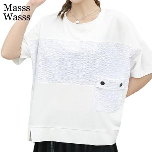 Masss Wasss Summer Fashion 2021 Girl White O-Neck Tee Womens Patchwork Casual Tshirt Ladies Button Short Sleeve Tops Big Size