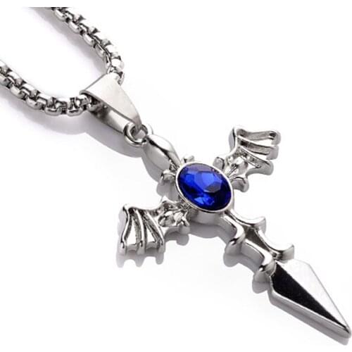 Fashion Creative Punk Blue Crystal Bat Cross Necklace For Men Women Fine Silver Color Necklaces Party Jewelry Accessories