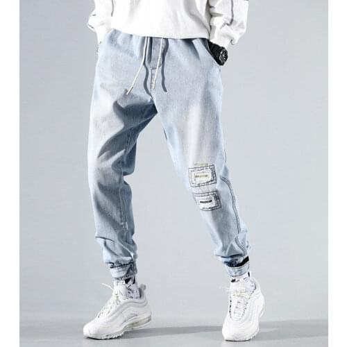 Mens Ripped Jeans Sky Blue High Street Casual Drawstring Denim Pants Vintage Trousers Sweatpants Loose Elastic Homens Jeans