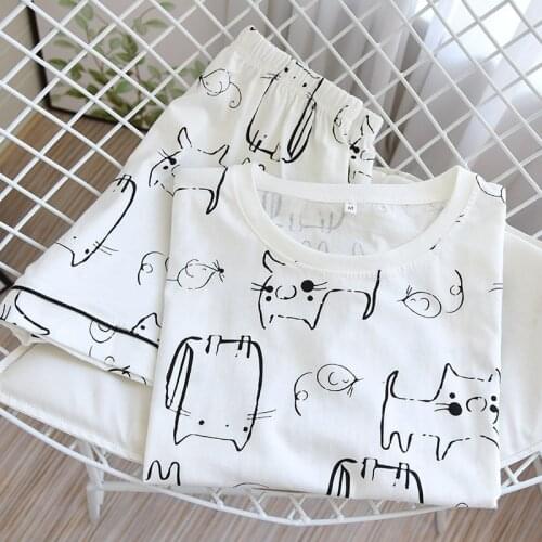 New summer cotton knitted short-sleeved shorts pajamas two-piece thin short-sleeved suit cartoon cat home service set sleepwear