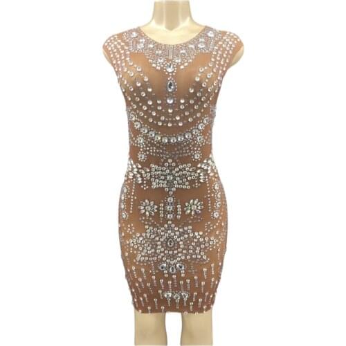 New Women Sexy Stage Sparkly Rhinestones Sleeveless Short Dress Mesh Bodycon Prom Gown Evening Outfit Crystal Birthday Dress